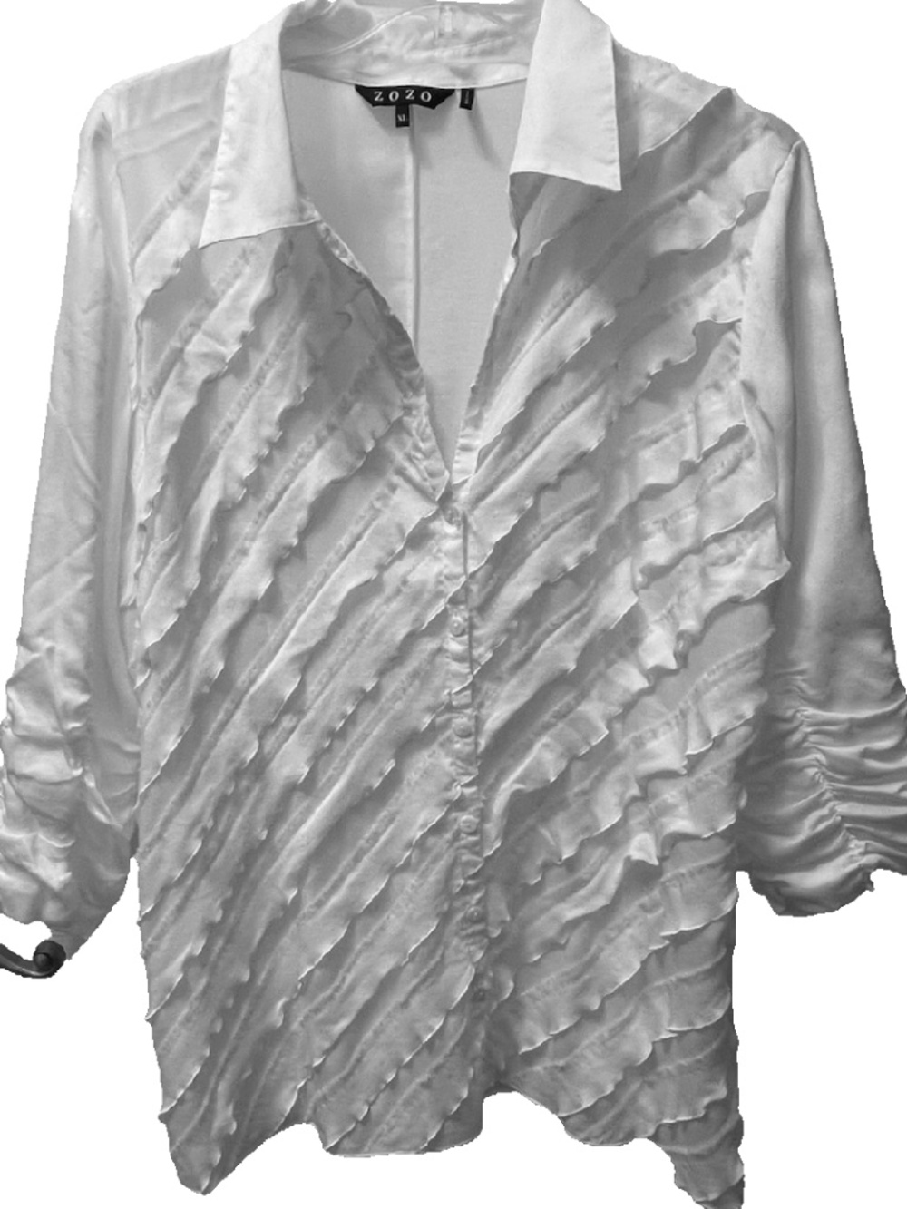 ZOZO Blouse White X-LARGE w Front RUFFLES 3/4 Sleeves 100% Lightweight Cotton